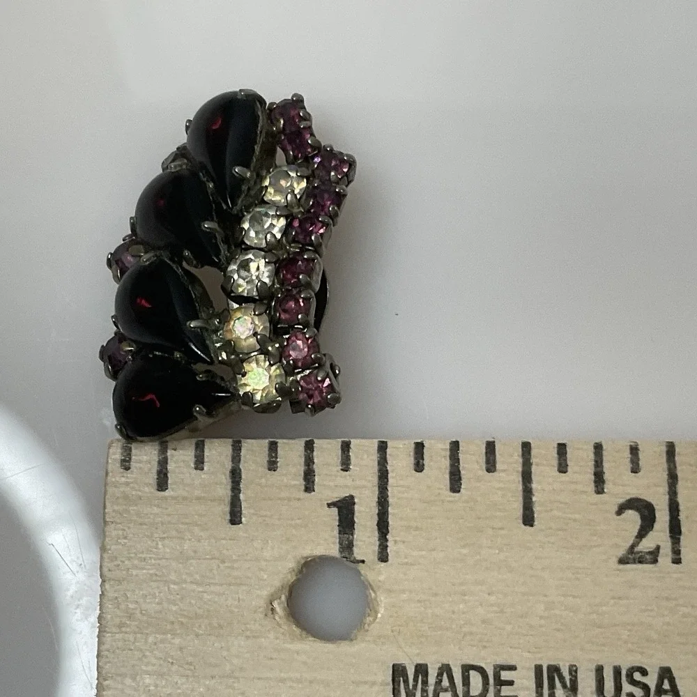 Vintage Purple & Clear Rhinestone Earrings Climber Clip On Silver Tone Statement